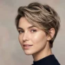 Woman with textured boy cut showing piece-y layers and natural movement in studio lighting