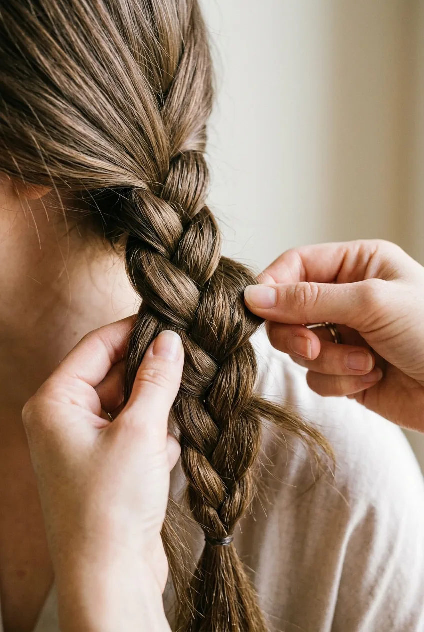 Hands demonstrating pancaking technique by pulling outer edges of three-strand braid to create width