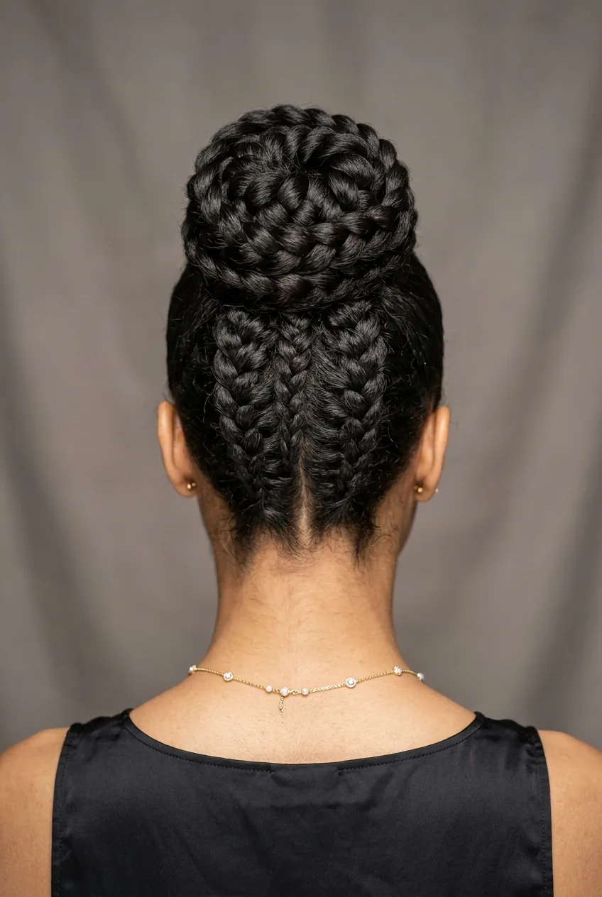 Braided high bun showing ridged braid texture coiled in circular shape from back