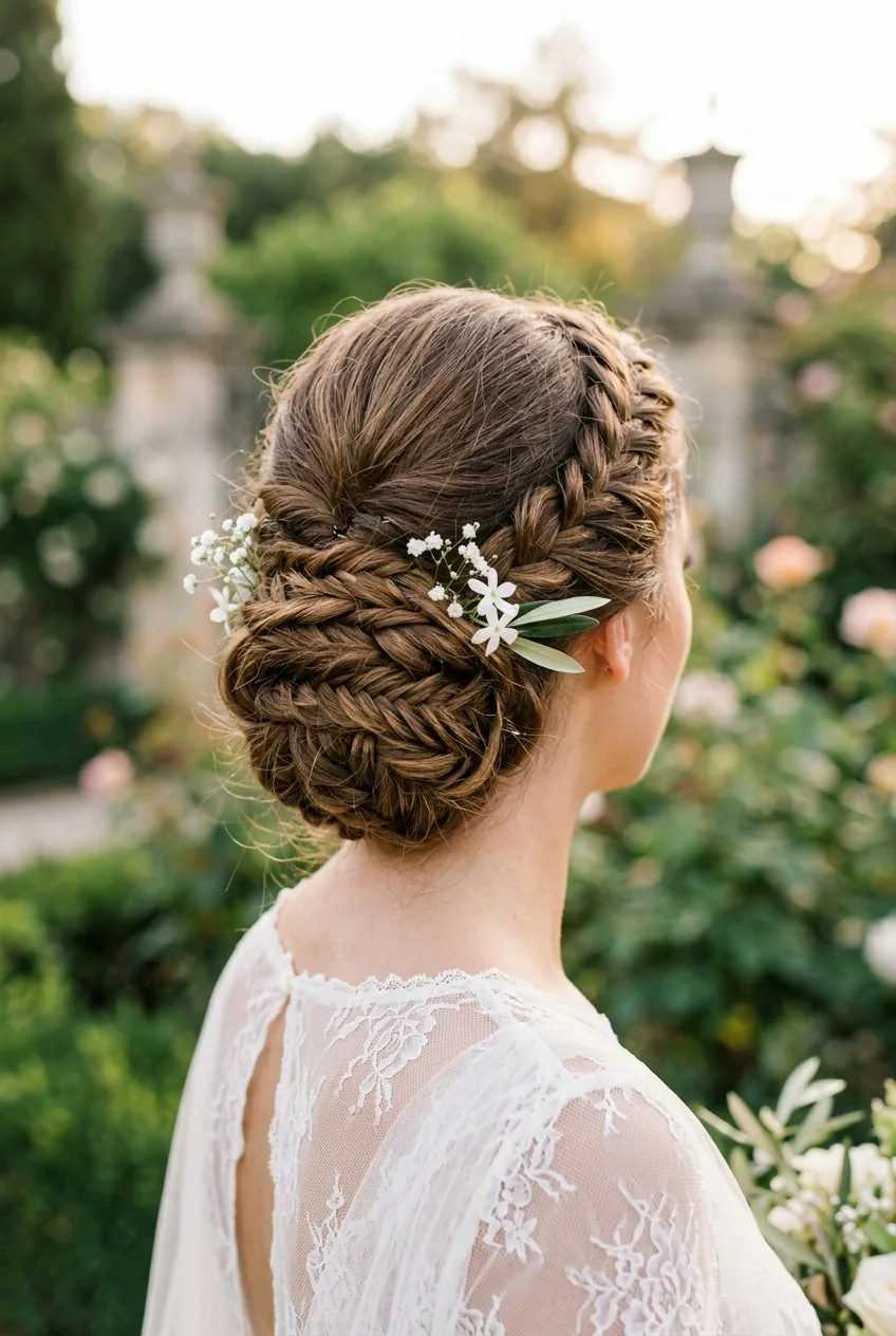 Angled view of intricate braided chignon hairstyle from behind showing braid pattern