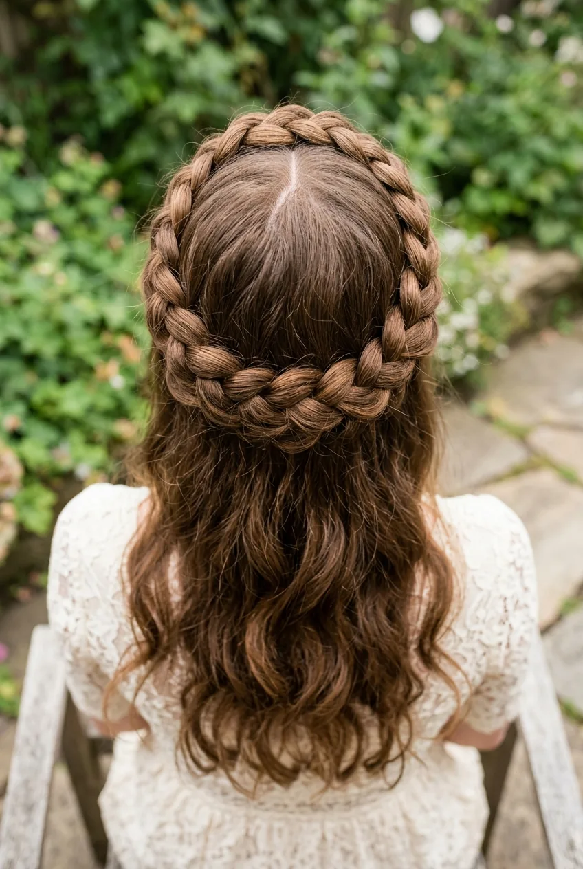 Braided crown across hairline with loose flowing hair beneath in bohemian style