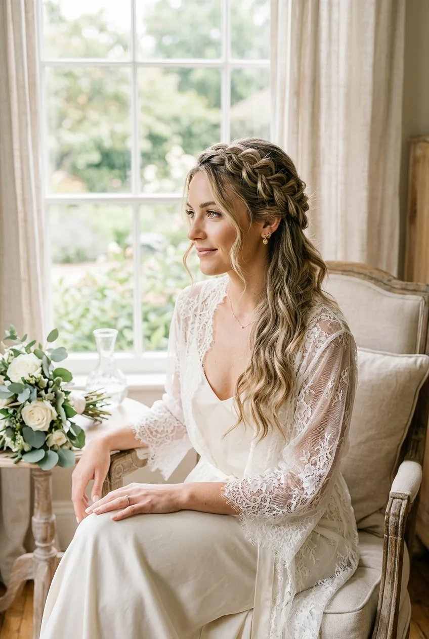 Woman with modern braided crown hairstyle transitioning to flowing waves in natural window light