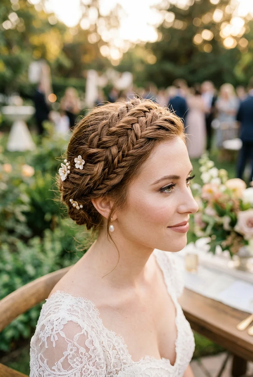 Three-quarter angle view of braided crown hairstyle showing detailed weaving technique and texture
