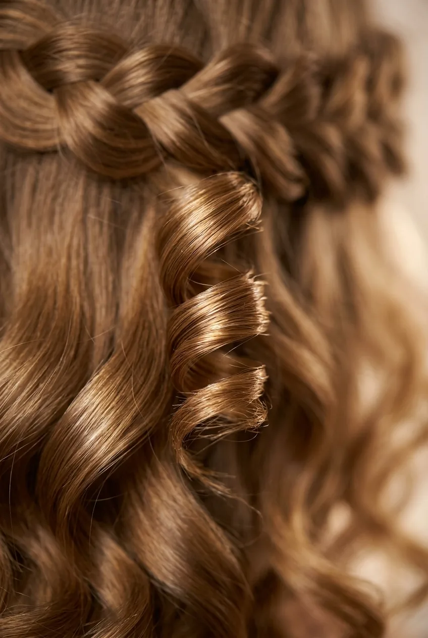 Woman showing Dutch braided crown detail with romantic loose curls flowing behind head