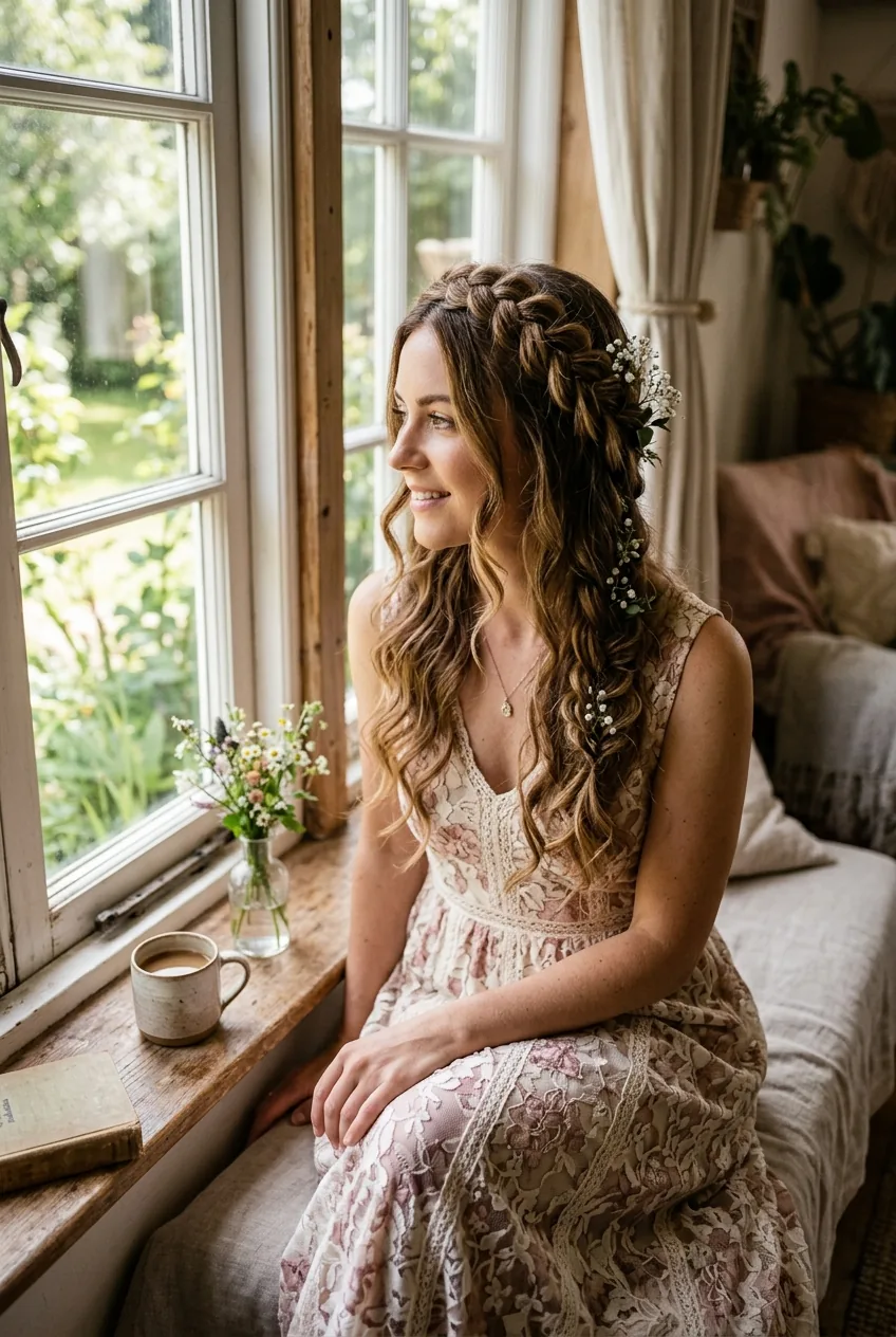 Woman with braided crown hairstyle and flowing curls sitting by window in natural light