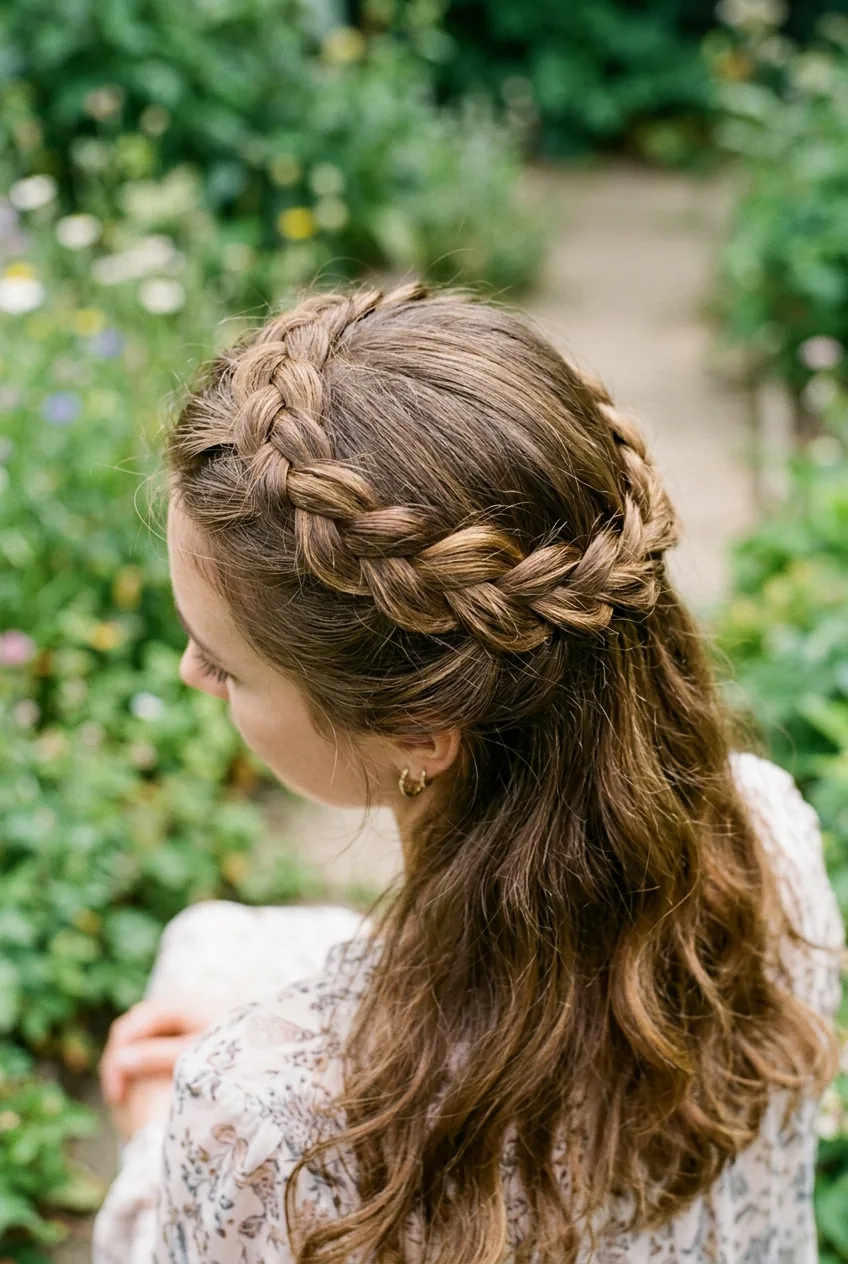 Braided crown hairstyle with loose braid along hairline and flowing brown hair with highlights