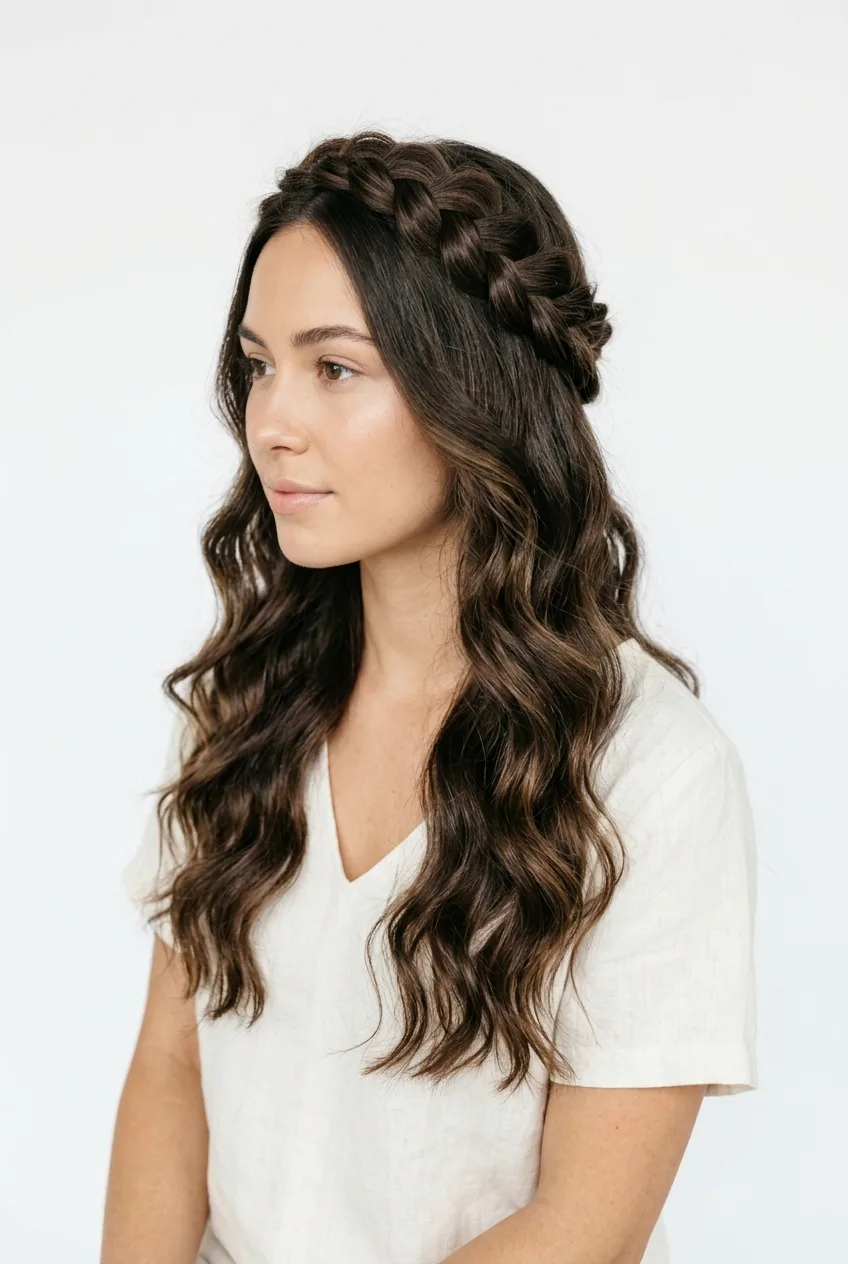 Woman with braided crown and loose waves showing intricate crown braiding and flowing hair