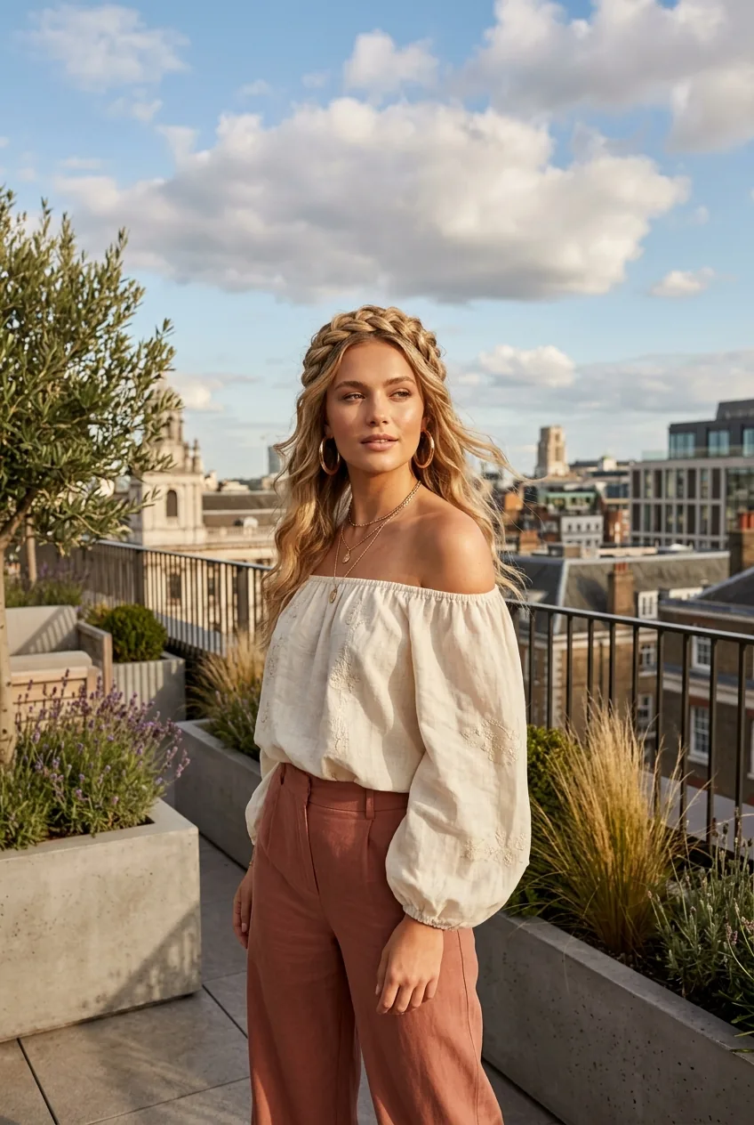 Woman with intricate braided crown and flowing loose waves in afternoon light