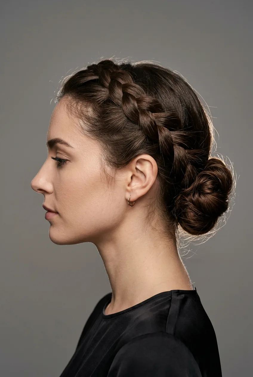 Woman with Dutch braided crown flowing into elegant low bun at nape
