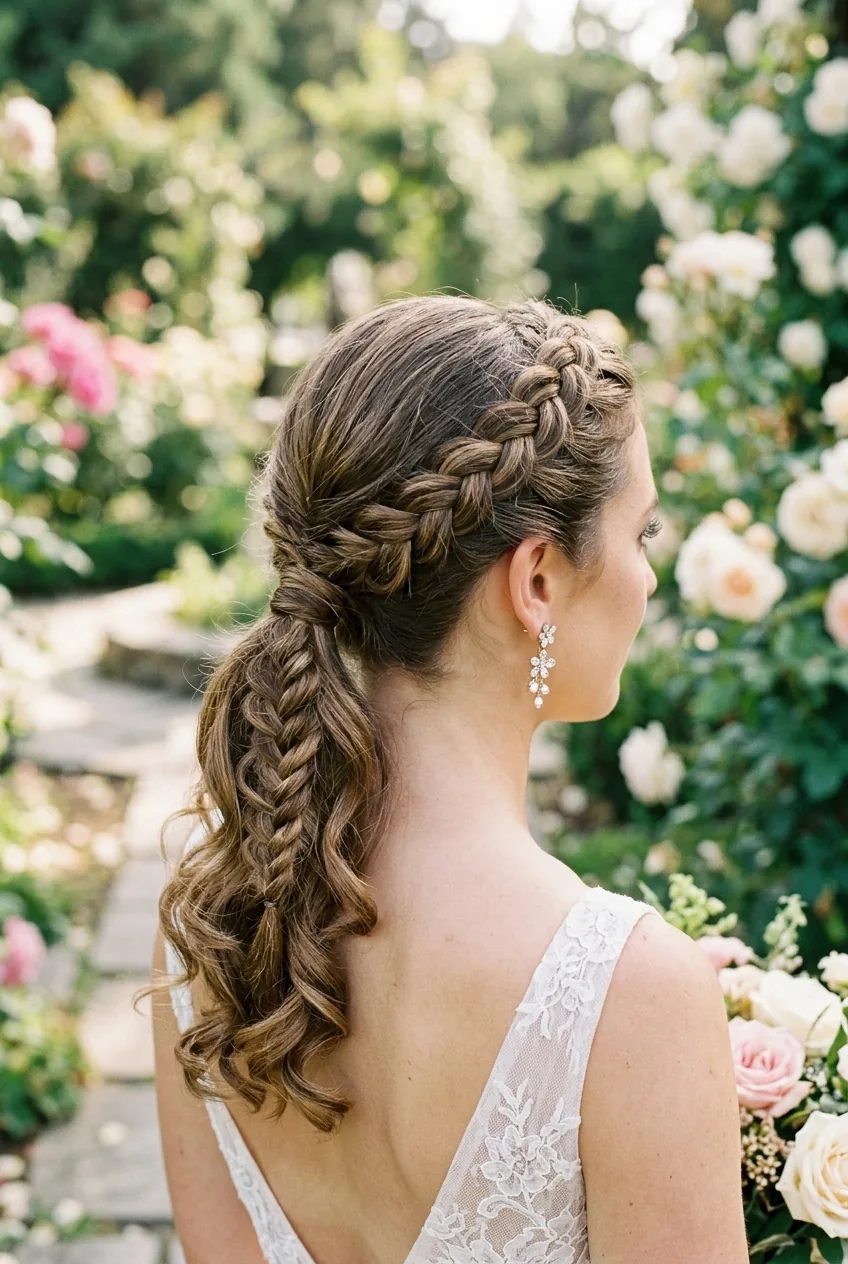 Braided crown detail flowing into low ponytail with curled ends