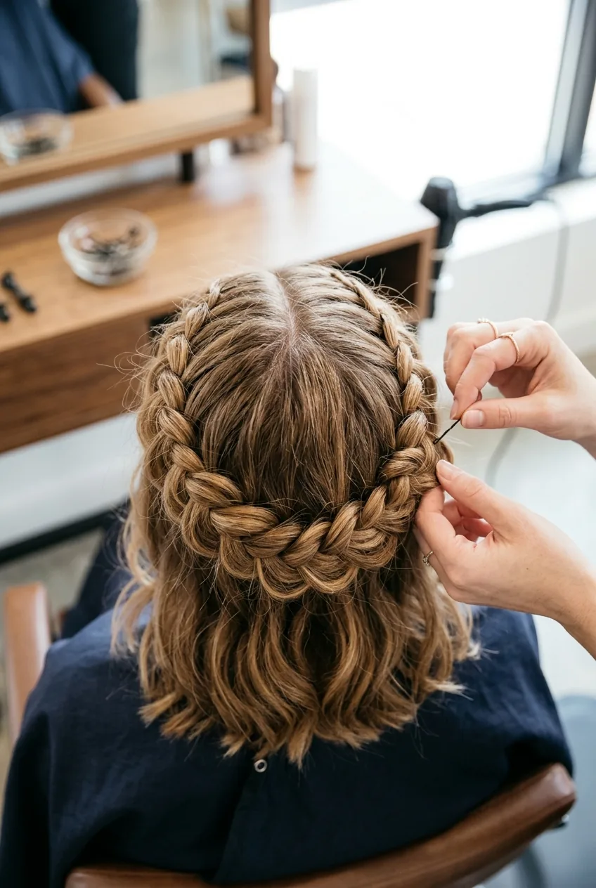 Overhead view of braided crown hairstyle showing organic weaving pattern on medium-length hair