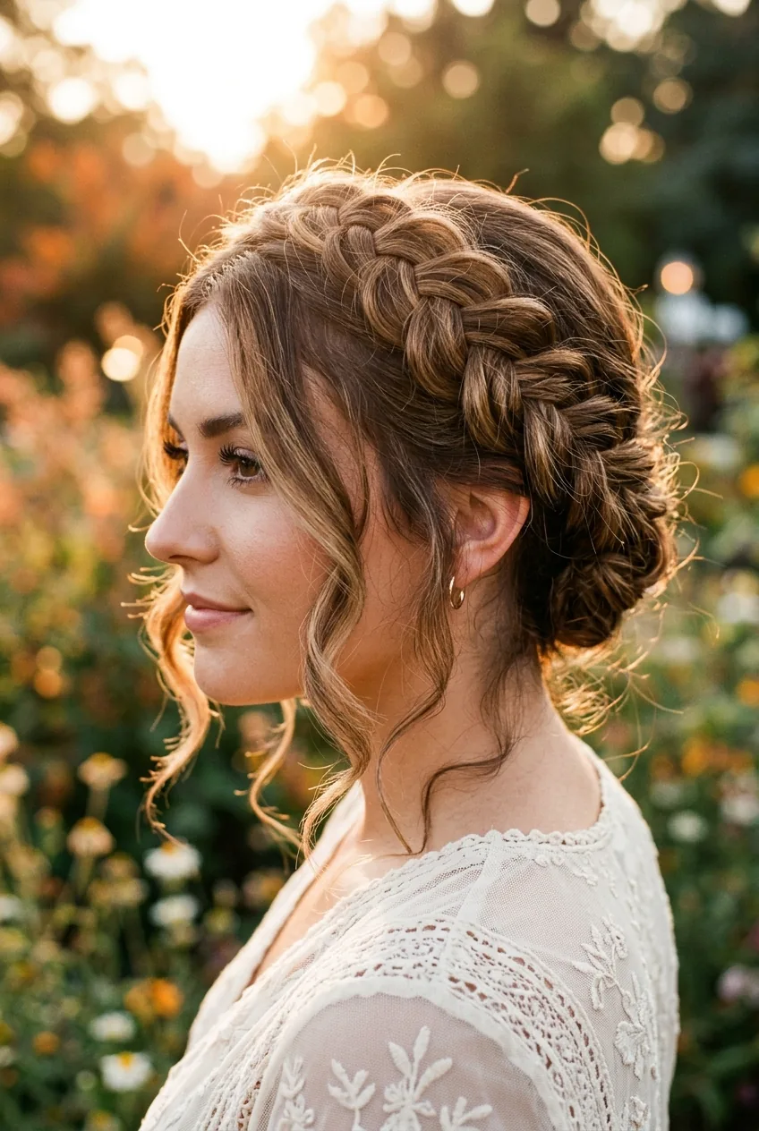Three-quarter view of braided crown updo with romantic face-framing pieces