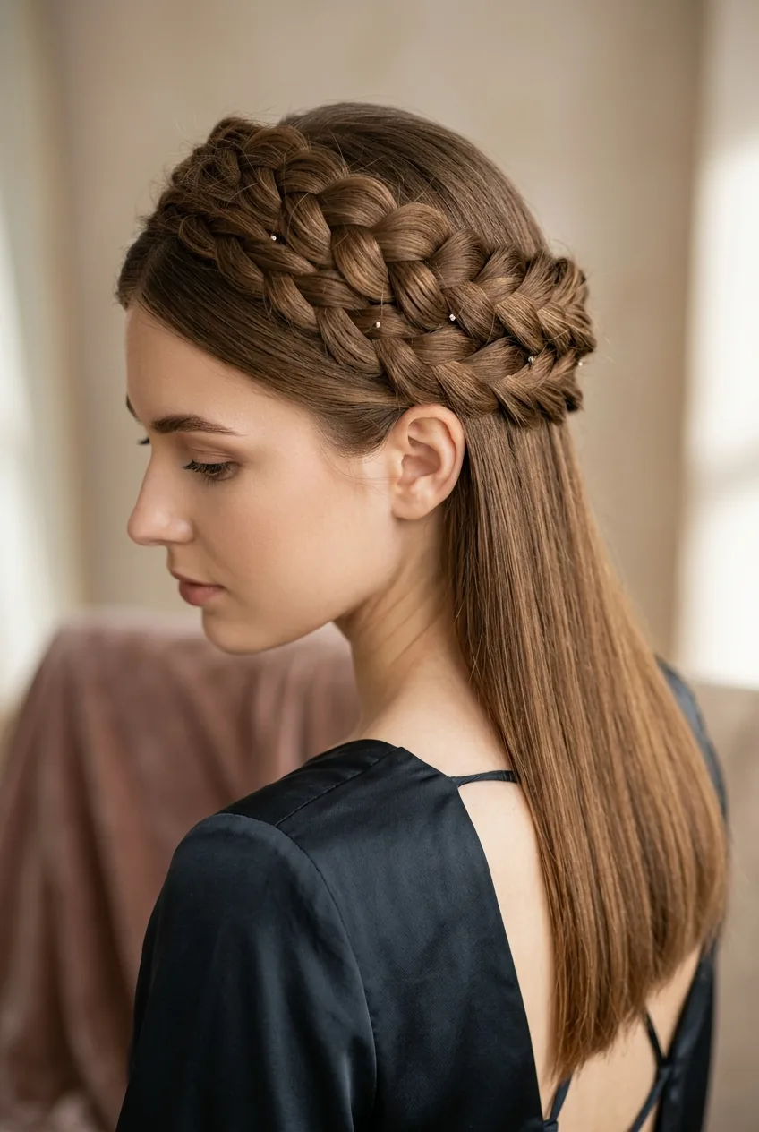 Intricate braided crown contrasting with straight hair ends showing elaborate updo detail