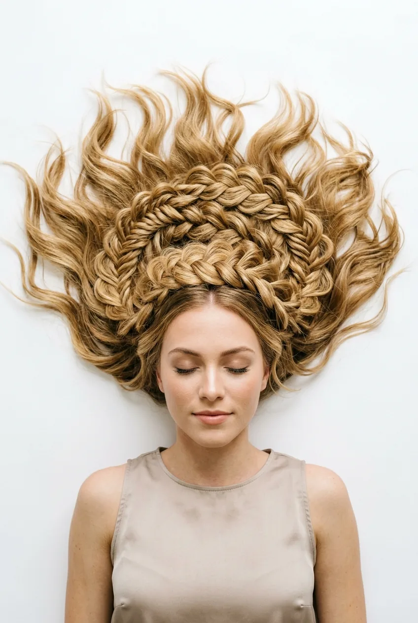 Loose braided crown hairstyle displaying weaving pattern and natural texture