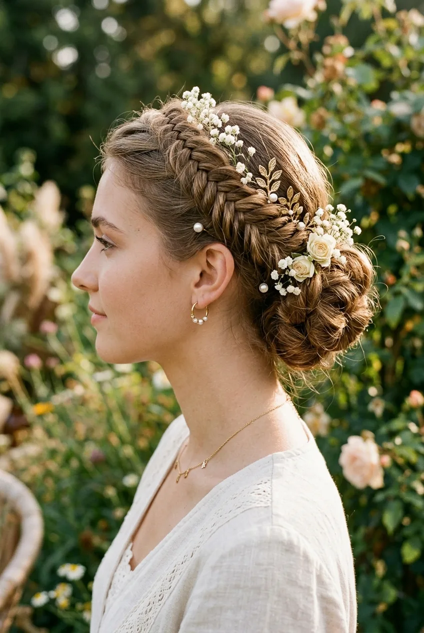Braided crown updo with textured low bun showing bohemian elegance from profile angle