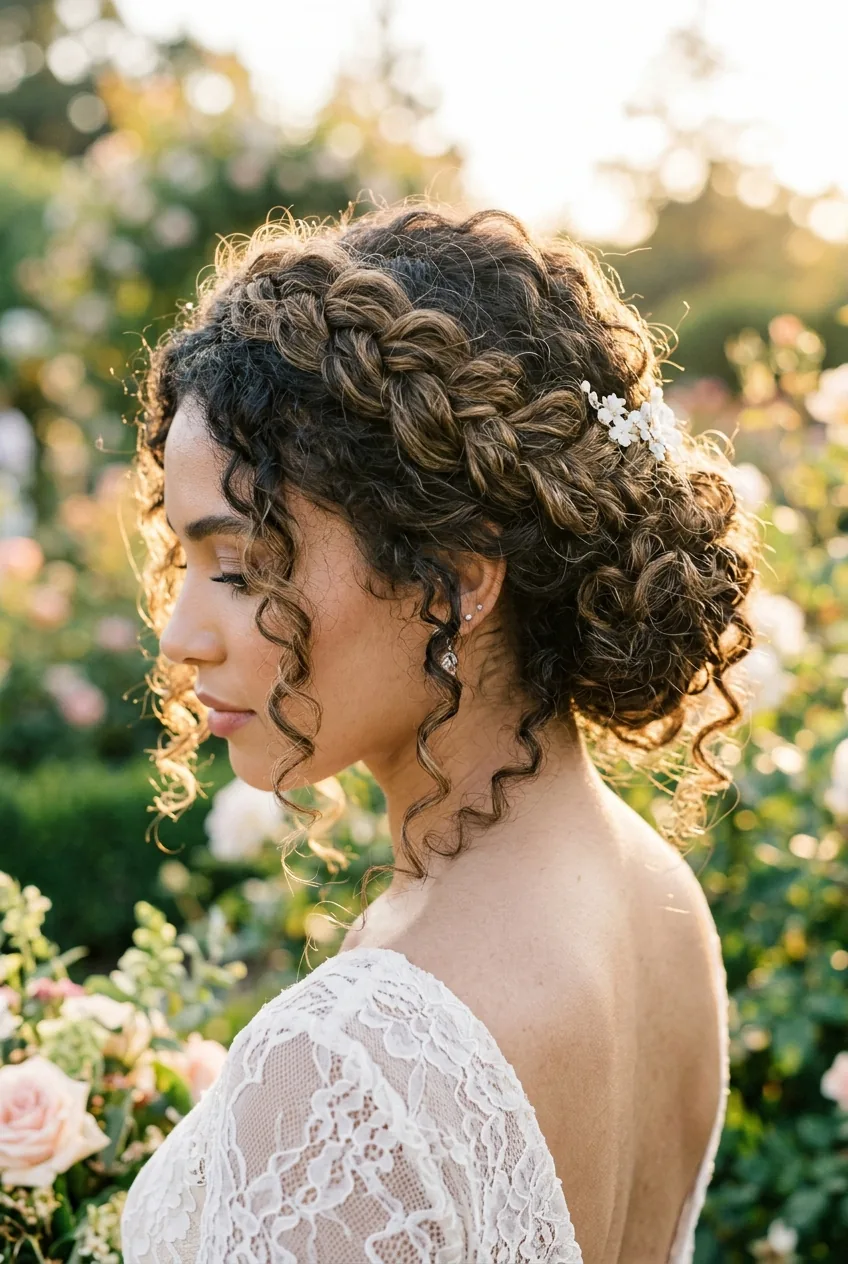 Three-quarter view of thick curly hair in braided crown updo with loose curls around face