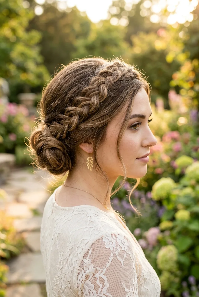 Three-quarter view of braided crown updo with loose braid following hairline and soft low bun