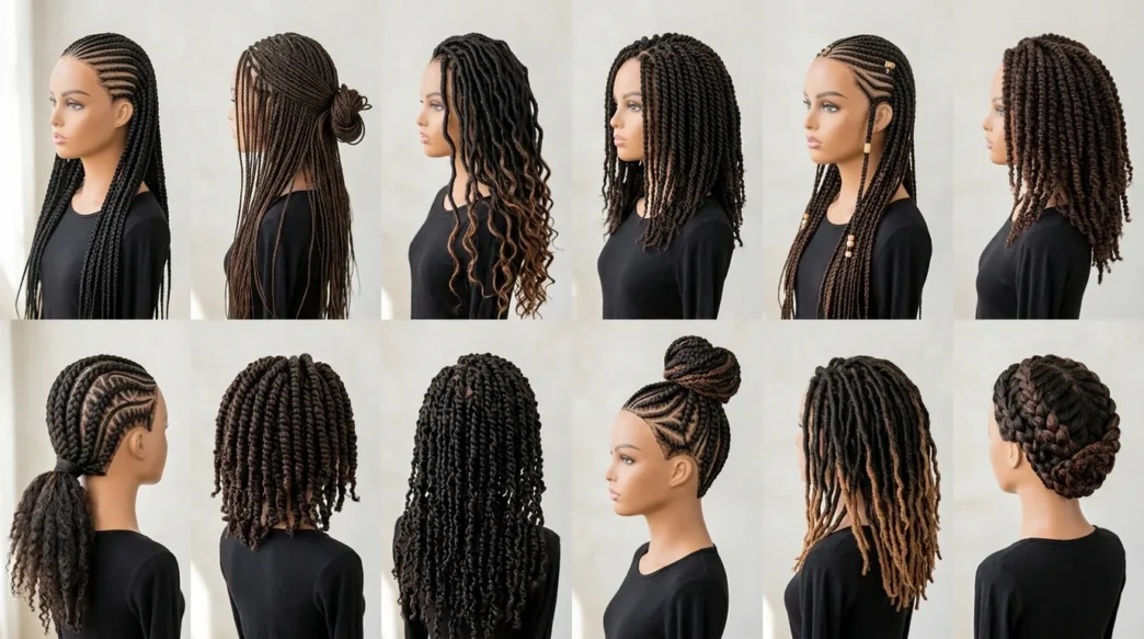 Collection of various braided hairstyles on Black women showing different textures and techniques