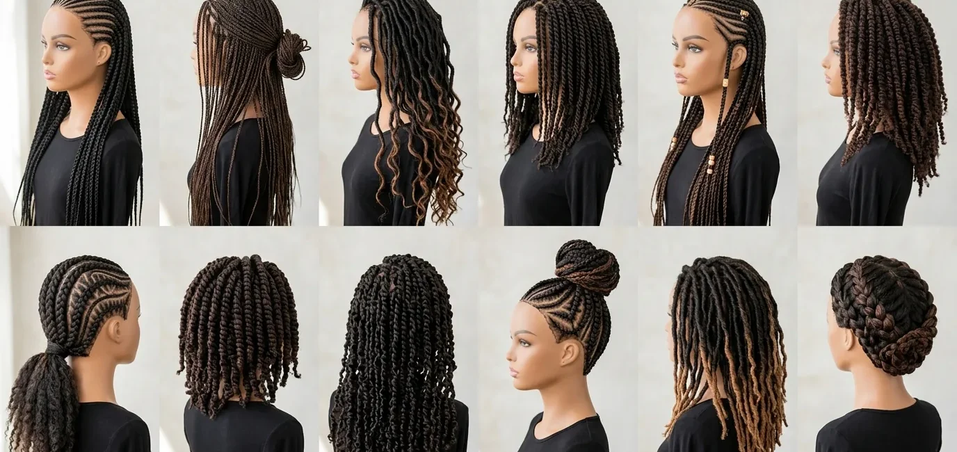Collection of various braided hairstyles on Black women showing different textures and techniques