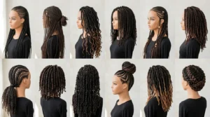 Collection of various braided hairstyles on Black women showing different textures and techniques