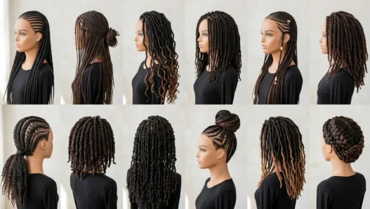 Collection of various braided hairstyles on Black women showing different textures and techniques