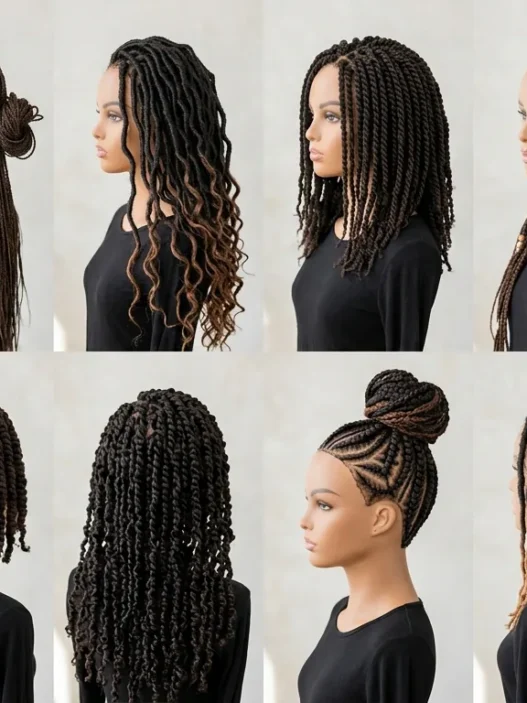 Collection of various braided hairstyles on Black women showing different textures and techniques