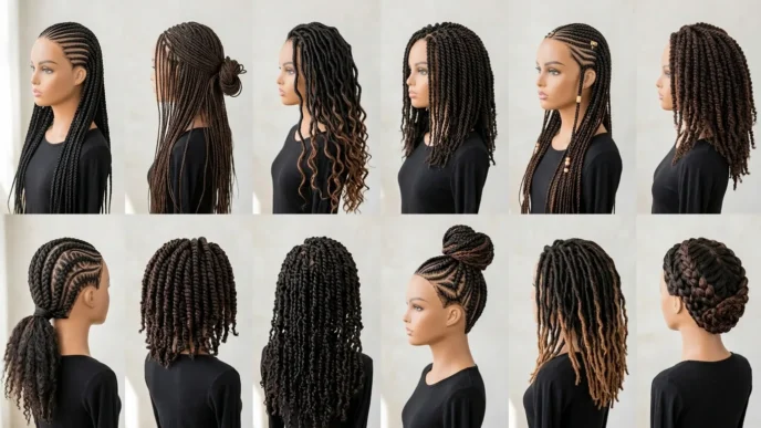 Collection of various braided hairstyles on Black women showing different textures and techniques