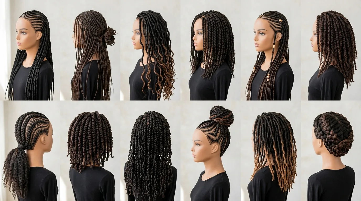 Collection of various braided hairstyles on Black women showing different textures and techniques