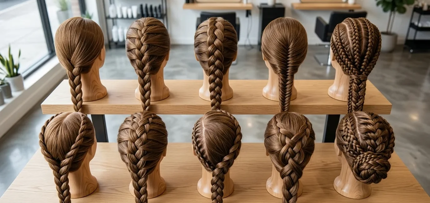 Multiple braided hairstyles displayed on wooden mannequin heads showing progression from simple to advanced techniques