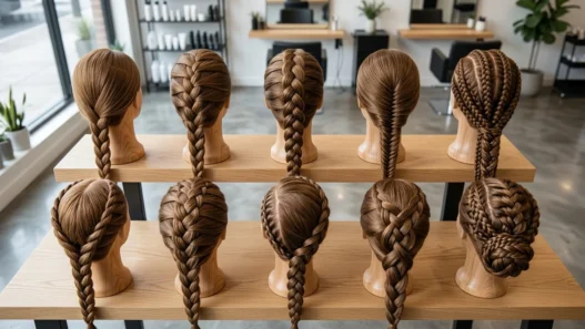 Multiple braided hairstyles displayed on wooden mannequin heads showing progression from simple to advanced techniques