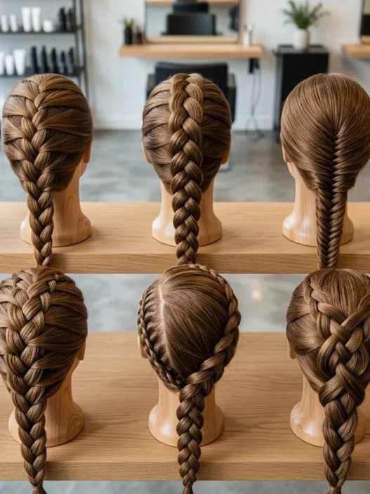 Multiple braided hairstyles displayed on wooden mannequin heads showing progression from simple to advanced techniques