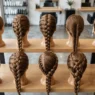 Multiple braided hairstyles displayed on wooden mannequin heads showing progression from simple to advanced techniques