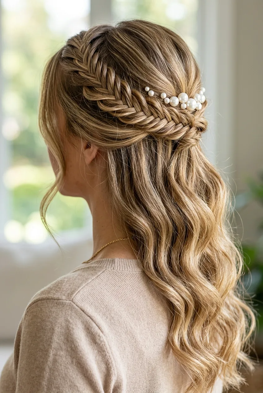 Braided half-up wedding hairstyle with fishtail braid and pearl pins showing transition to loose waves