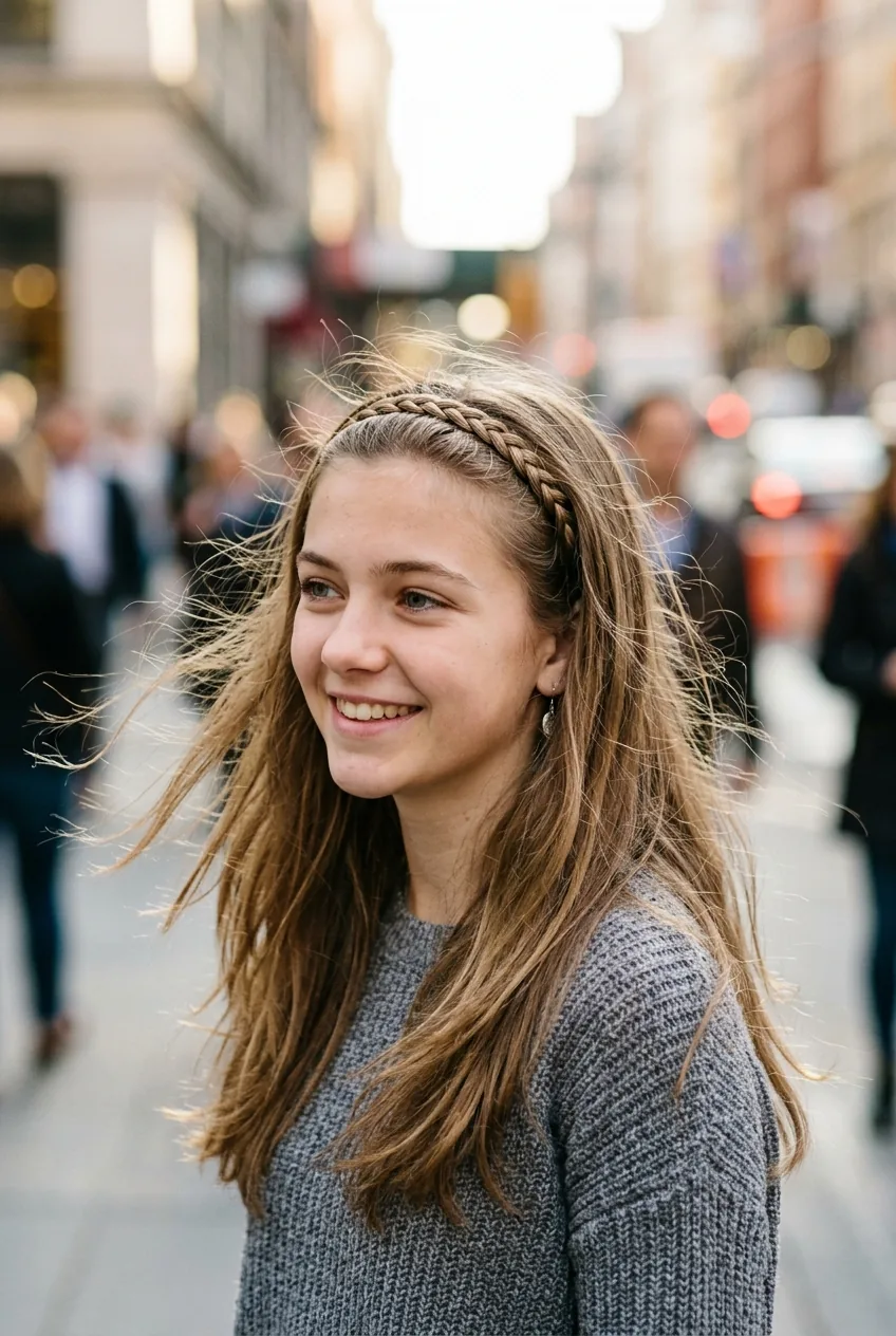 Teenage girl with delicate braided headband woven along hairline from deep side part