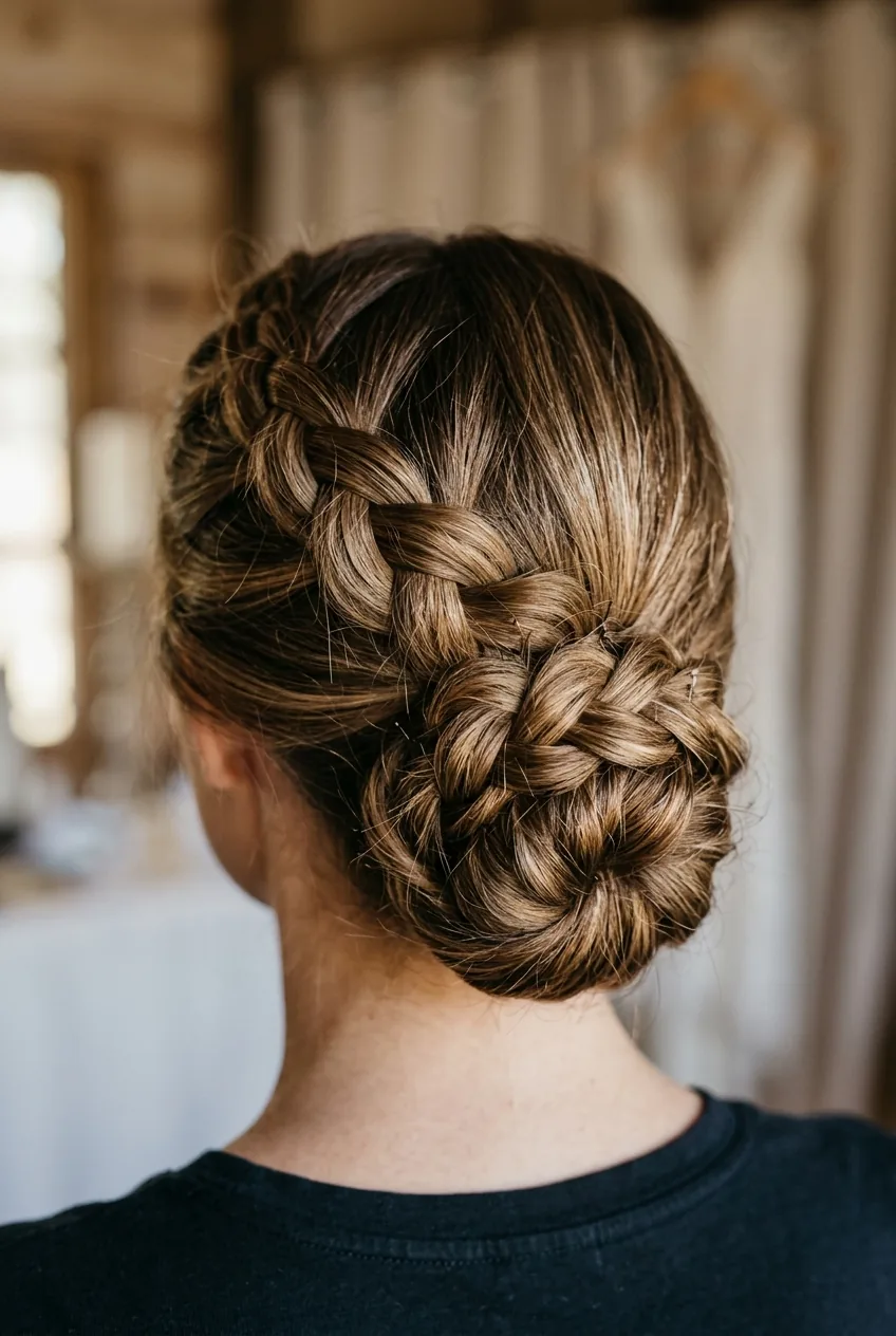 Braided low bun detail showing three-strand braid pattern coiled and secured with pins
