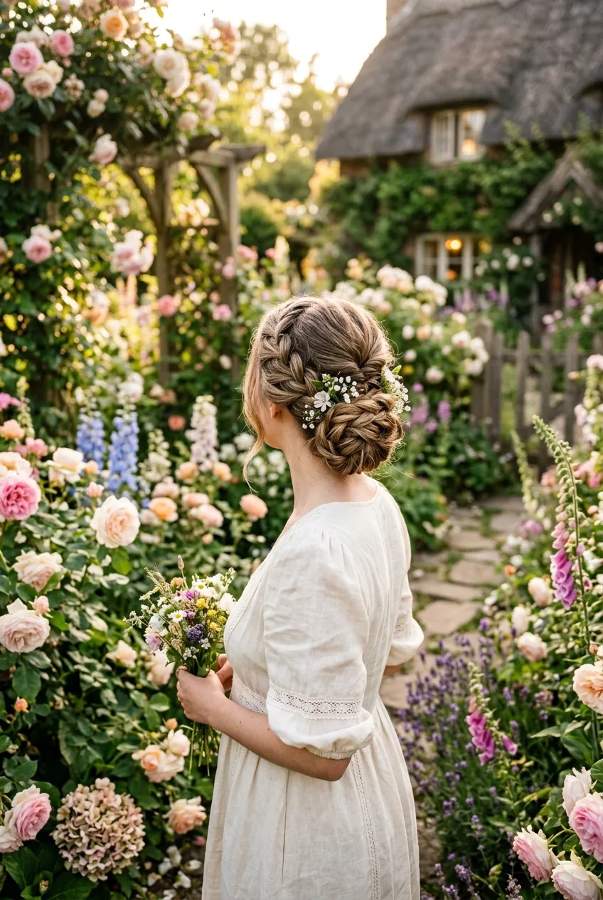 Woman with braided low bun hairstyle showing intricate texture in romantic garden lighting