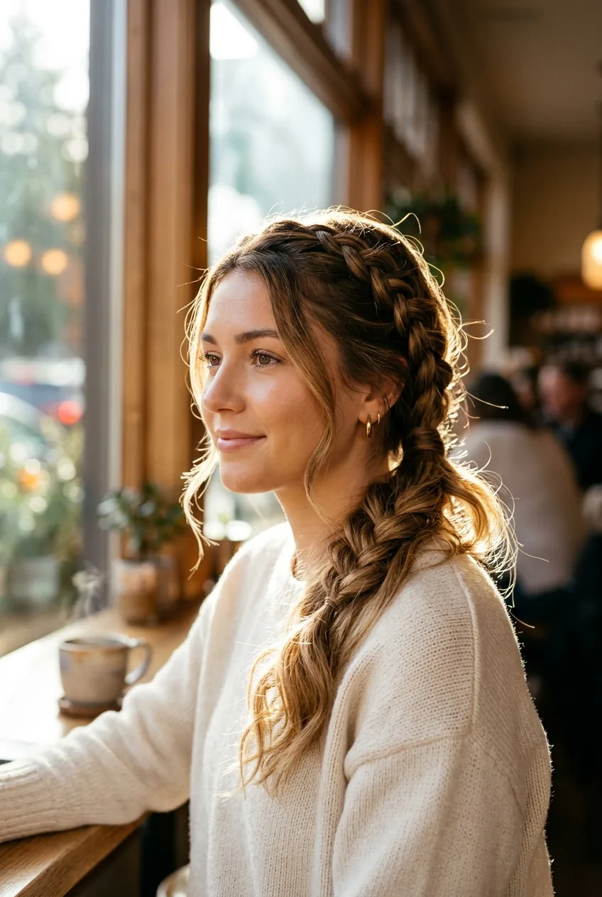 Woman with braided side ponytail angled from ear to shoulder