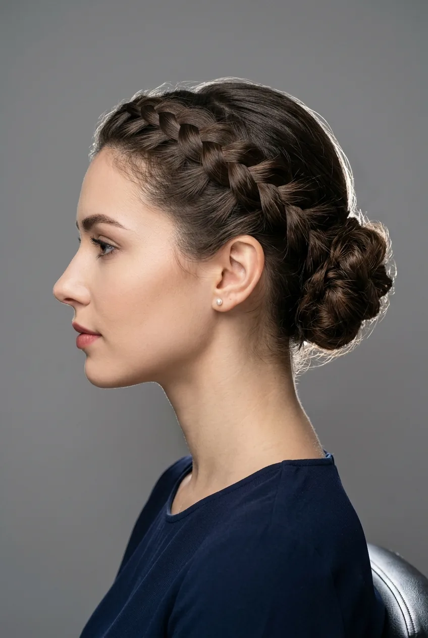 Woman with braided side updo showing Dutch braid detail incorporated into side bun