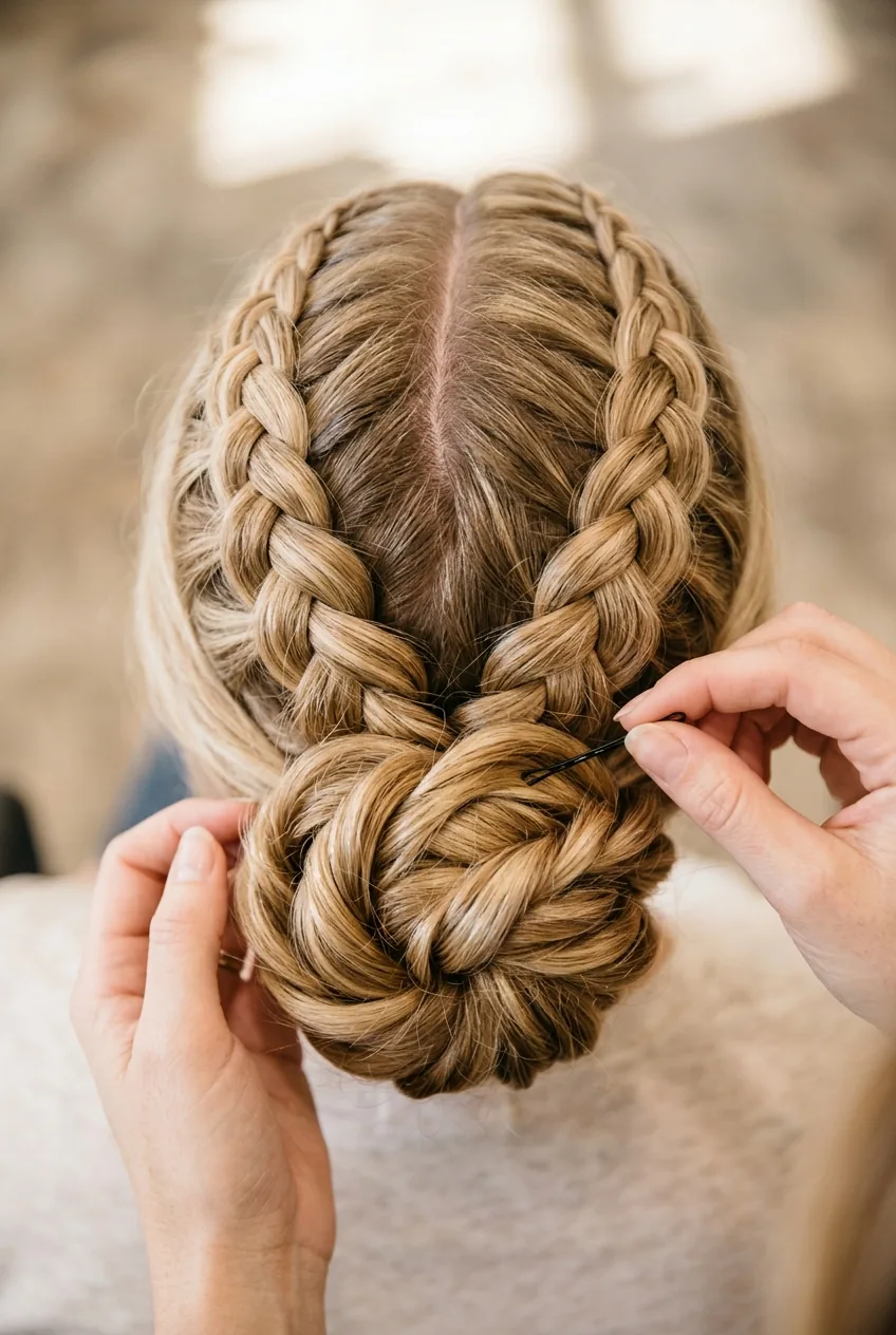 Overhead view of intricate braided updo with Dutch braid elements flowing into twisted bun