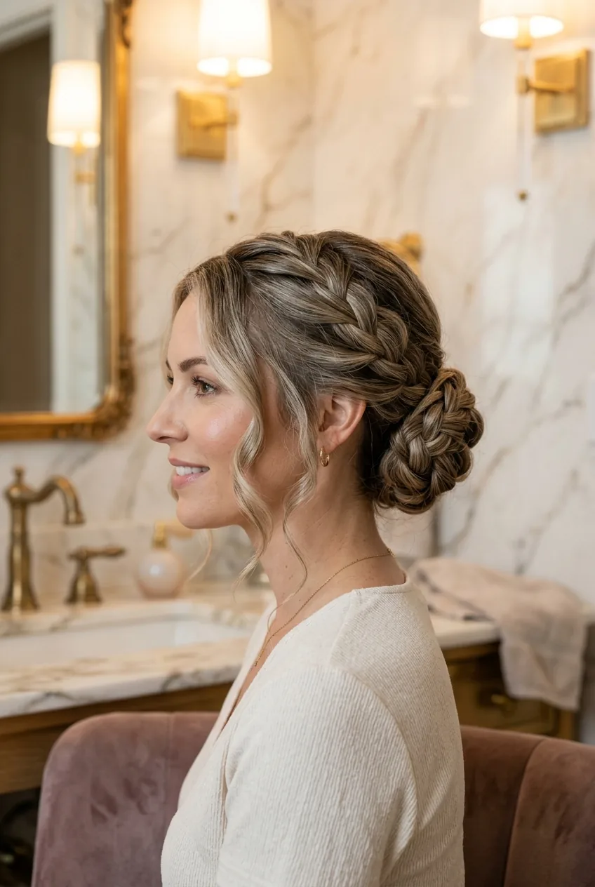 Braided updo with face-framing pieces featuring intricate braided elements and soft romantic styling