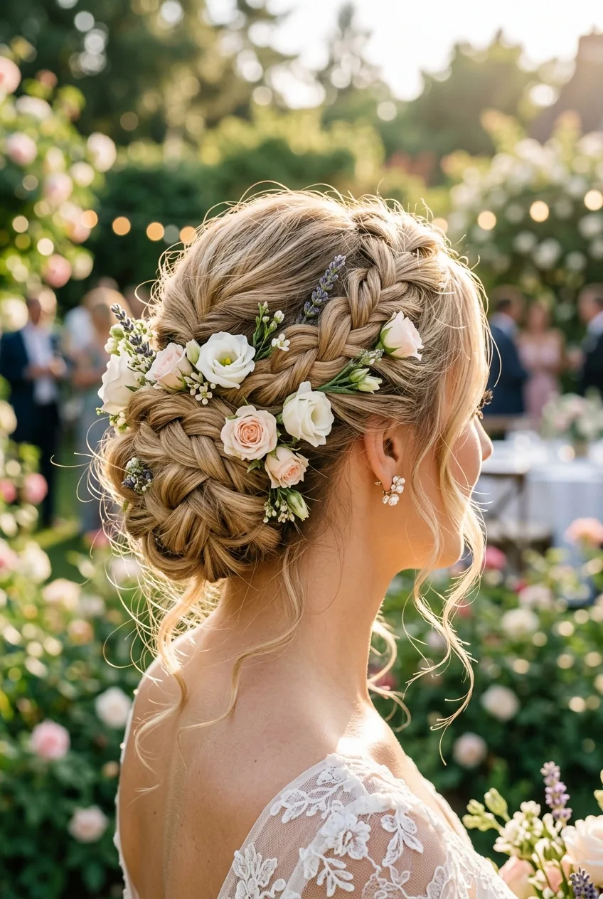 Soft braided updo with wispy face-framing pieces and delicate floral accents