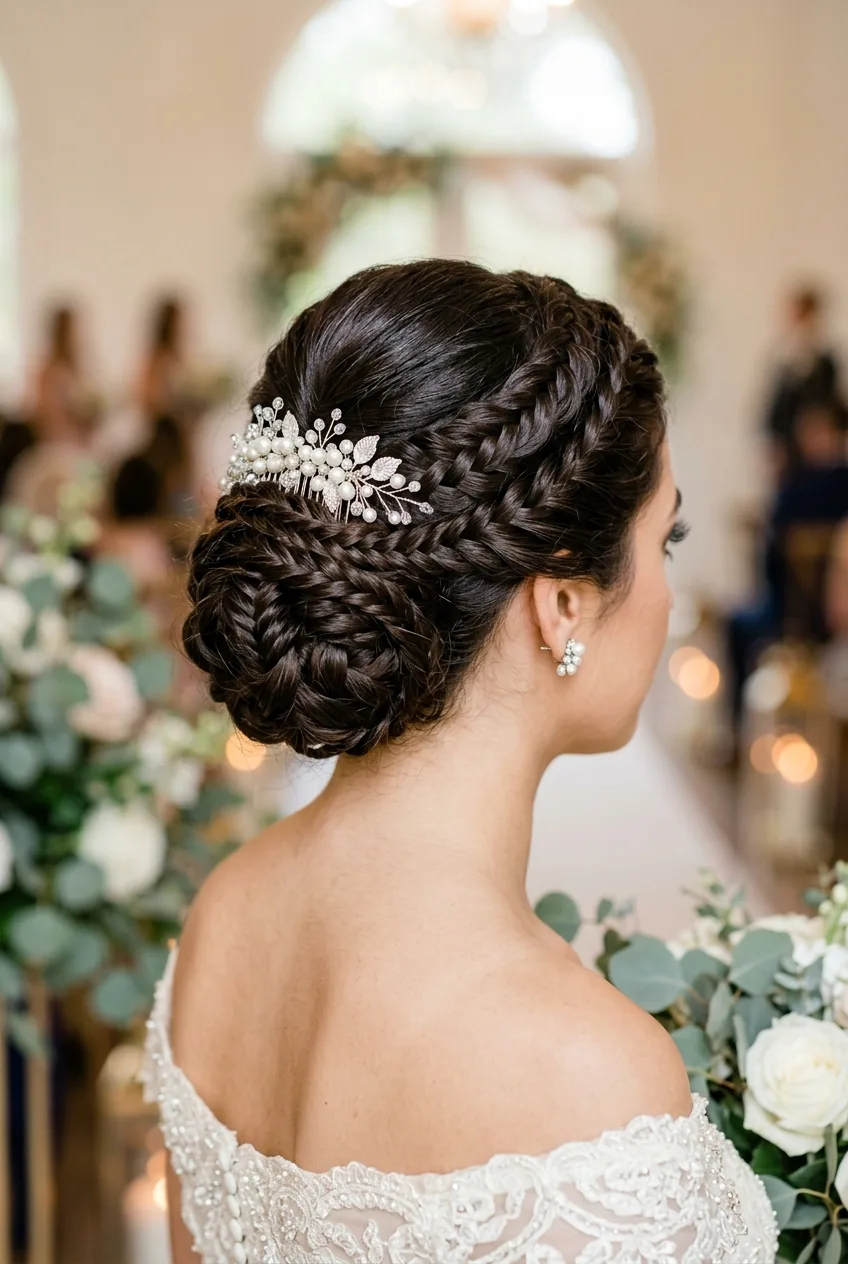 Elaborate formal braided updo using clip-in extensions for special occasion