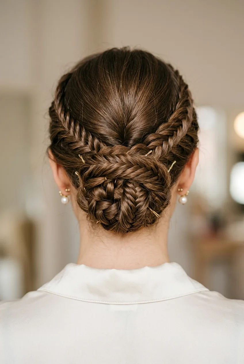 Close-up view from behind of intricate braided updo showing weaving patterns and bobby pin placement at neck