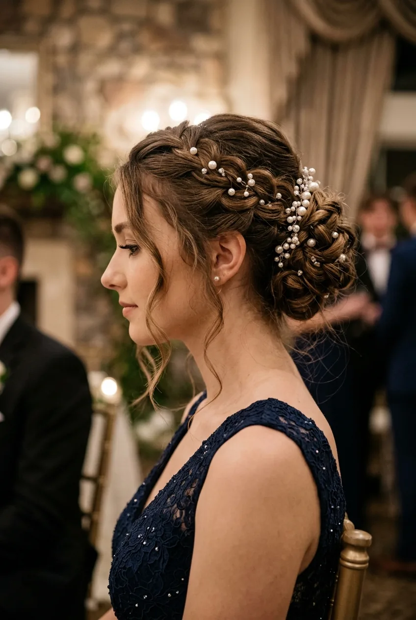 Side profile of intricate braided updo with pearl accessories and loose tendrils for prom