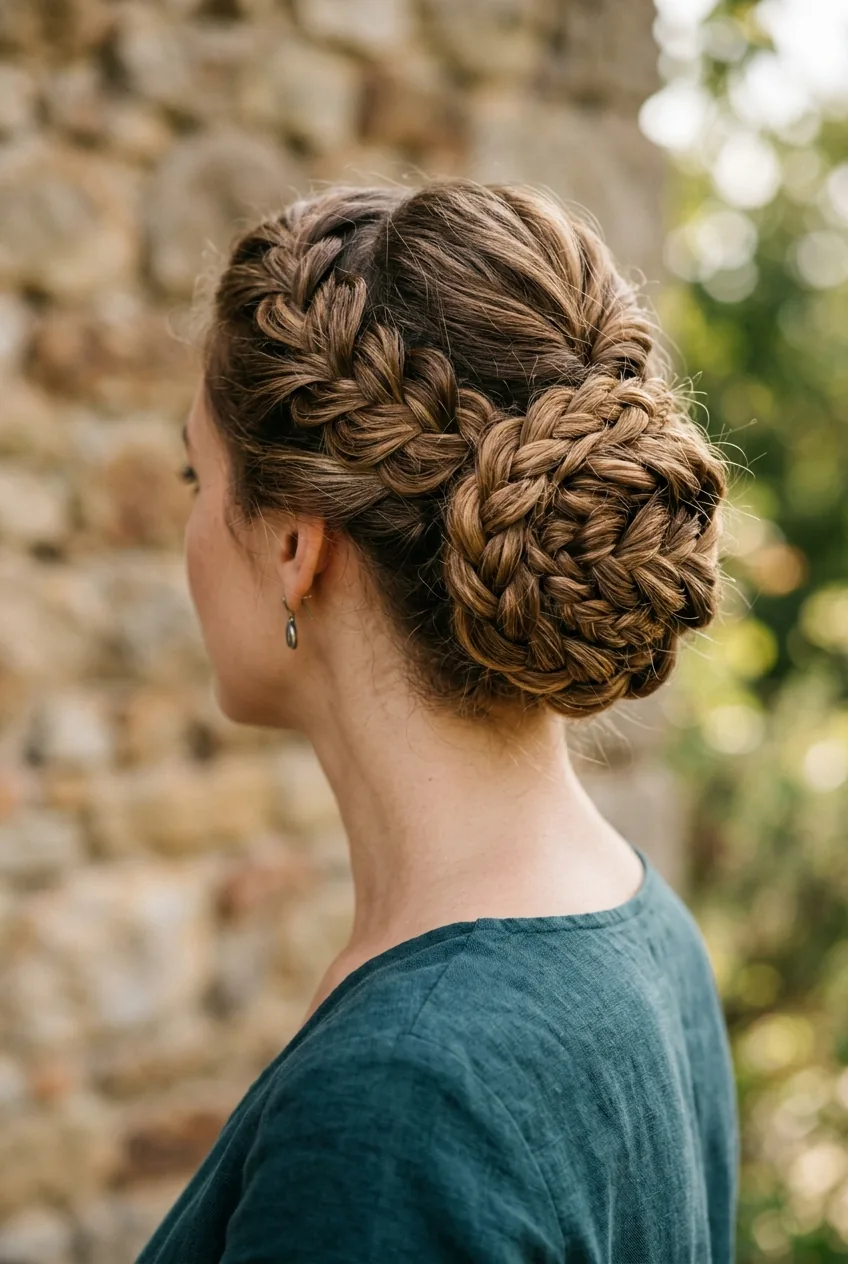 Intricate braided wedding updo with multiple twisted braids woven together on thick hair