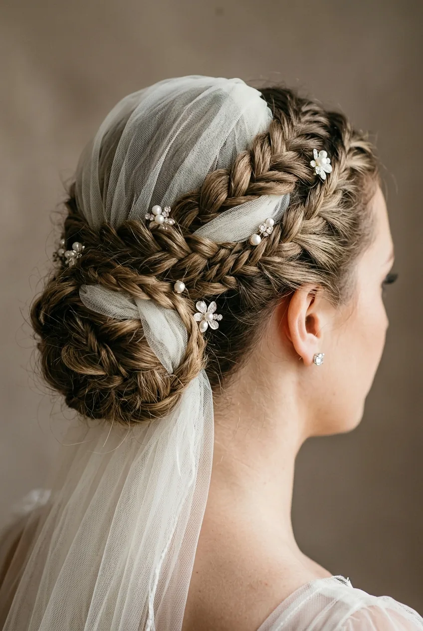 Detailed view of braided updo with chapel veil literally braided into the hair structure showing pin placement