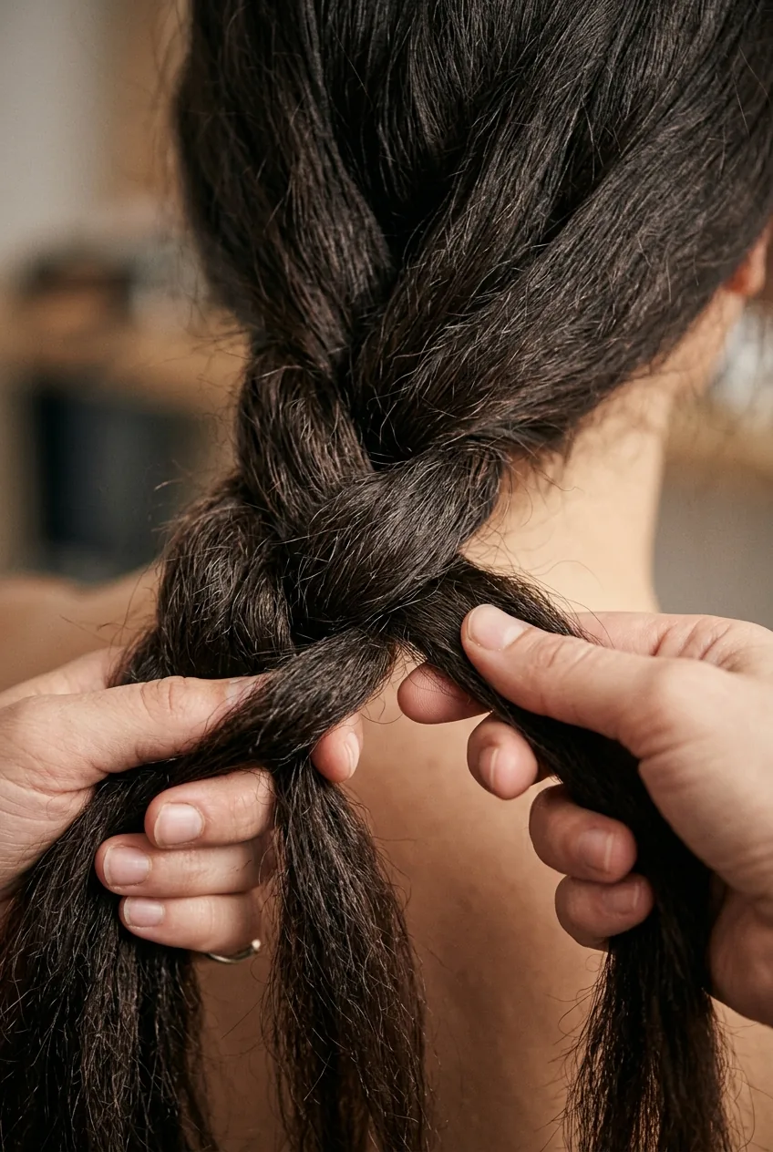 Hands braiding thick heavy hair strands showing the dense texture and substantial weight of the hair