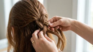 Close-up of feminine hands braiding hair strands together with bright lighting showing technique