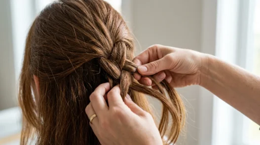 Close-up of feminine hands braiding hair strands together with bright lighting showing technique