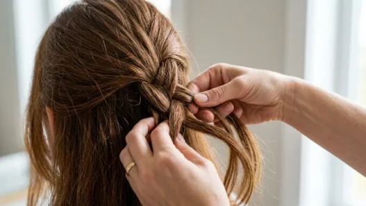 Close-up of feminine hands braiding hair strands together with bright lighting showing technique